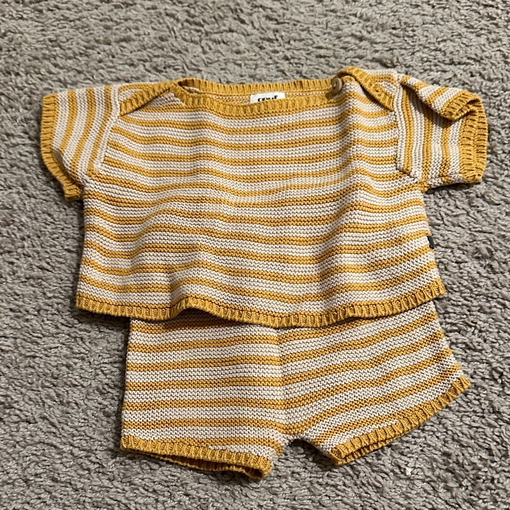 Oeuf Yellow and White Striped Knit Diaper Cover Set